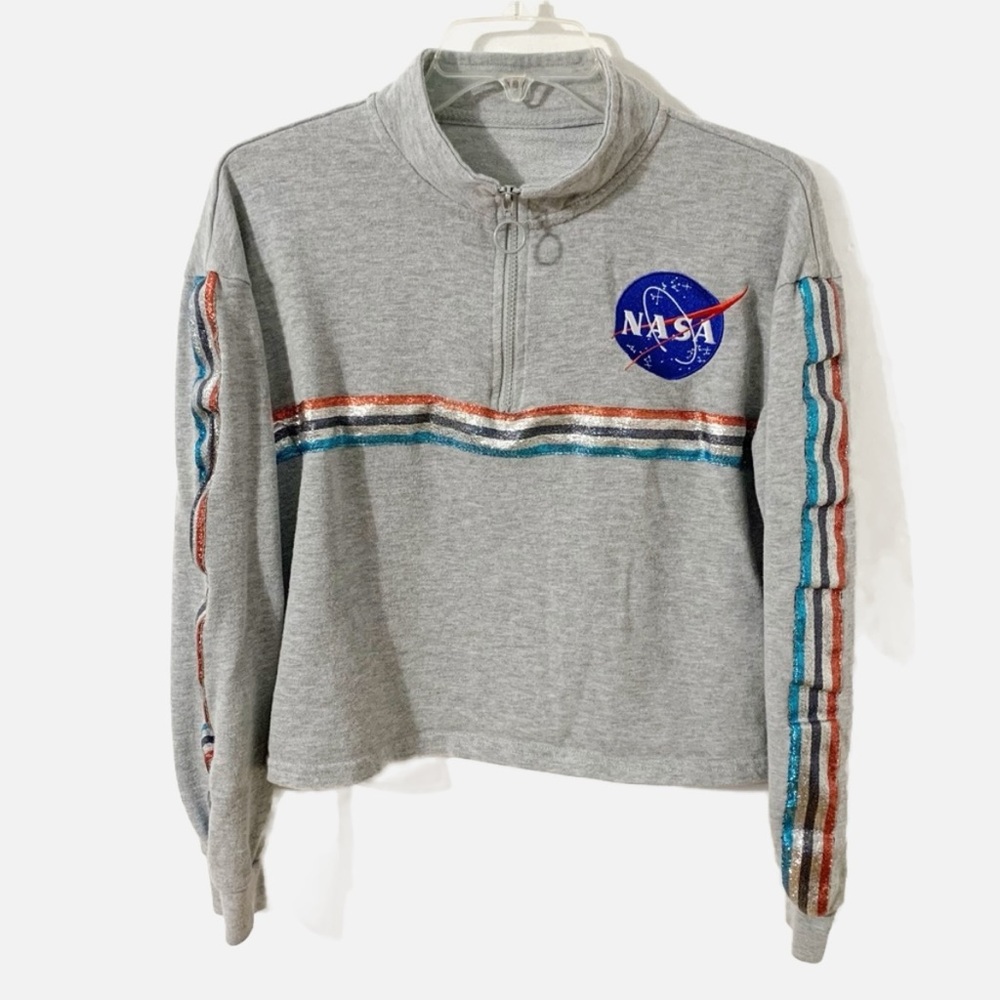 Freeze NASA Multi Colored Glittery Stripes Quarter Zip Pullover Gray Sweatshirt